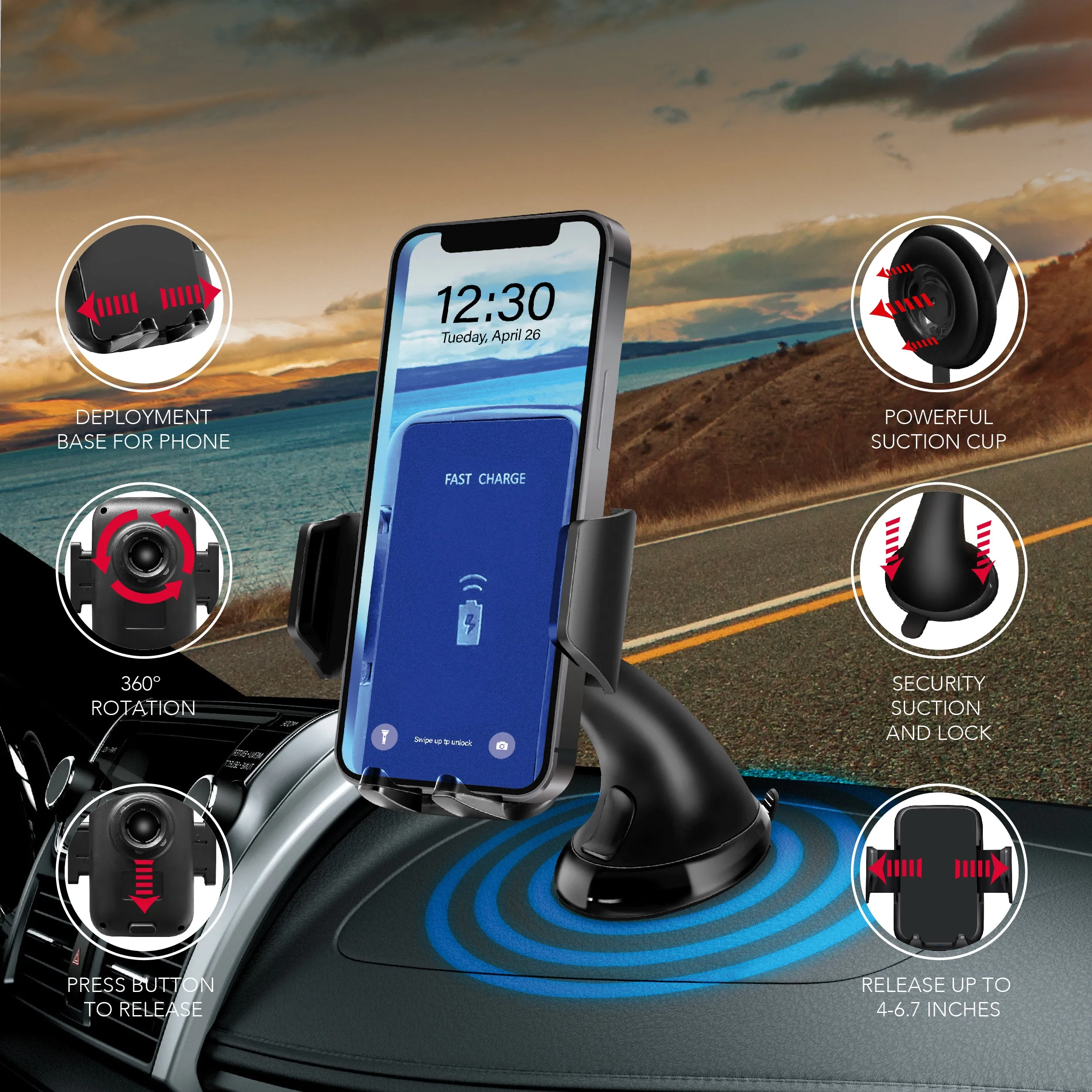 RCA 3-in-1 Wireless Car Charger & Phone Holder for Dashboard & Windshield