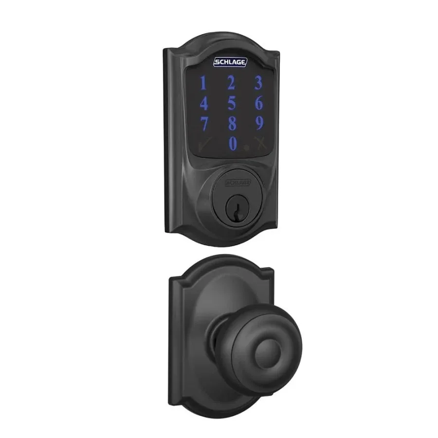 Schlage Connect Camelot Touchscreen Electronic Deadbolt with Z-Wave Plus Technology and Passage Georgian Knob and Decorative Camelot Trim