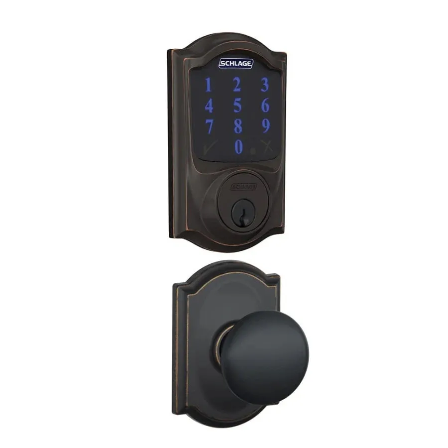 Schlage Connect Camelot Touchscreen Electronic Deadbolt with Z-Wave Plus Technology and Passage Plymouth Knob and Decorative Camelot Trim