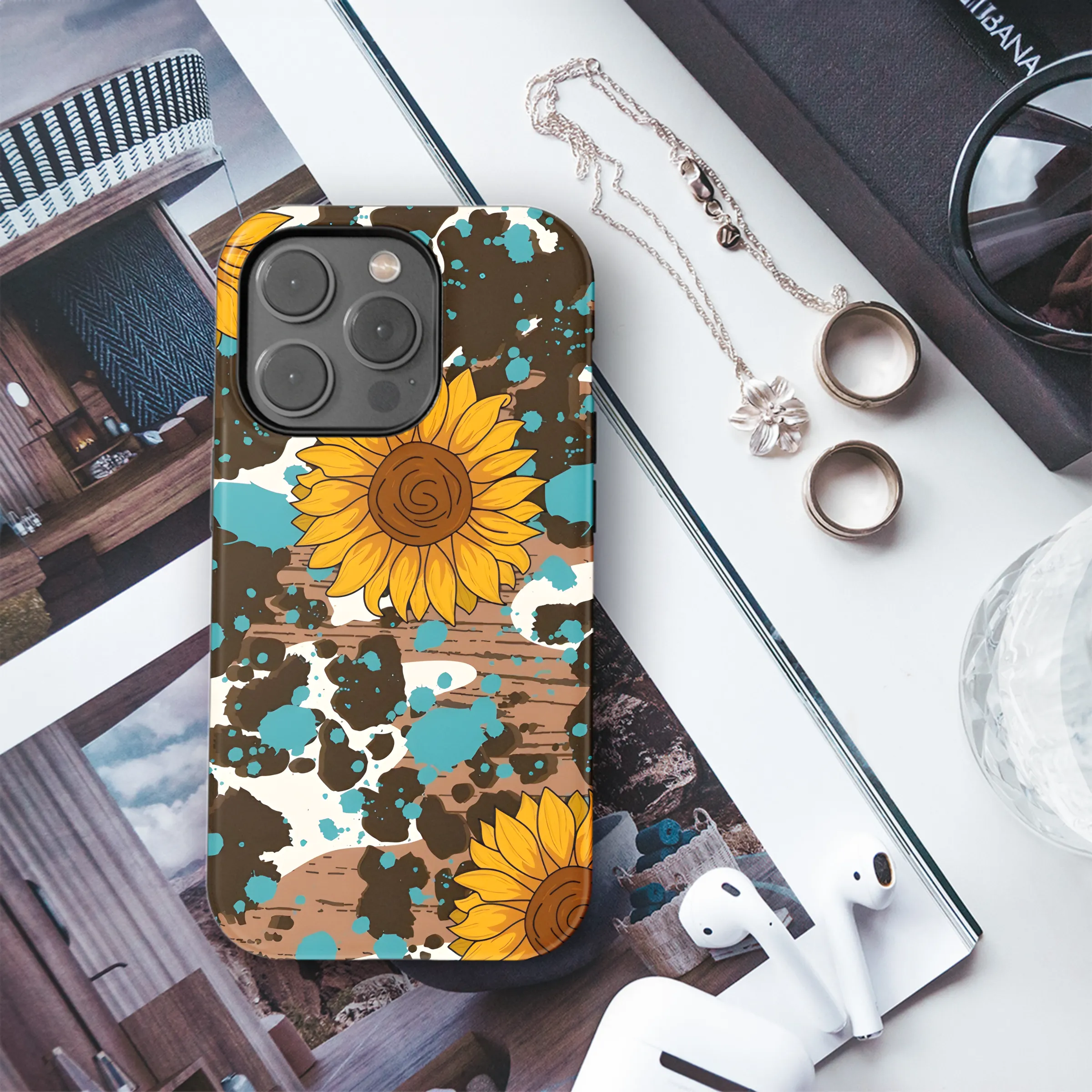 Sunflower Turquoise Cowgirl Wood Phone Case iPhone Samsung Cover Pixel 3187