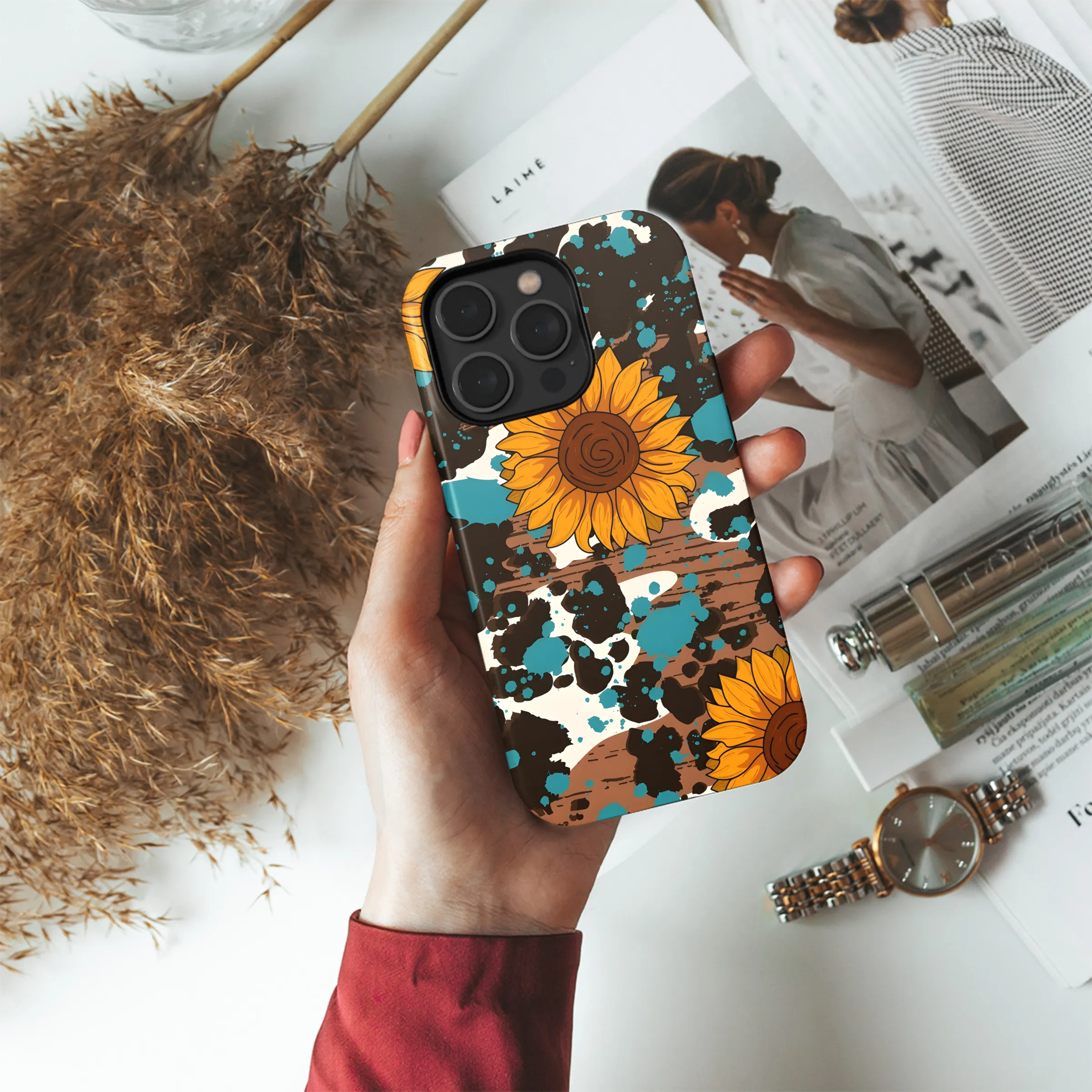 Sunflower Turquoise Cowgirl Wood Phone Case iPhone Samsung Cover Pixel 3187