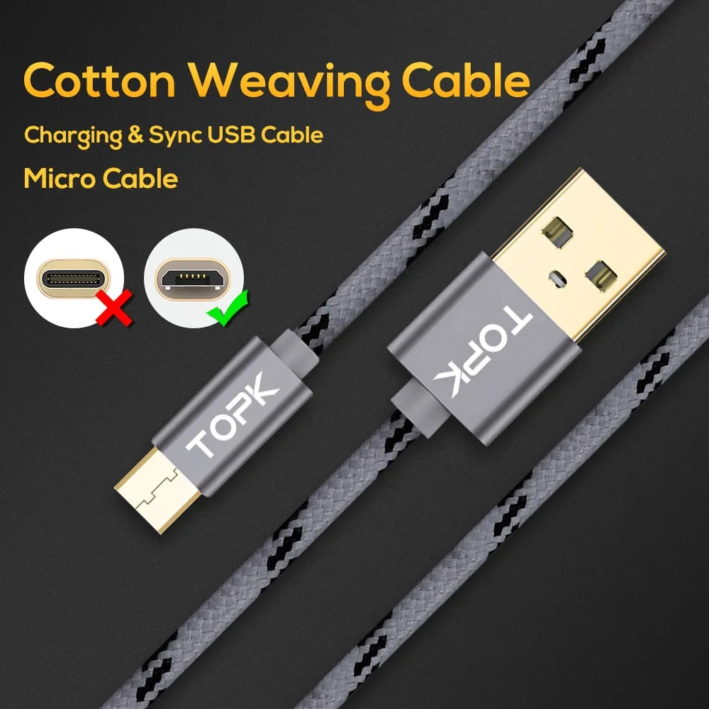 TOPK Micro USB Cable 2.4A Fast Data Sync Charging Cable For Samsung Huawei Xiaomi LG Andriod Microusb Mobile Phone Cables