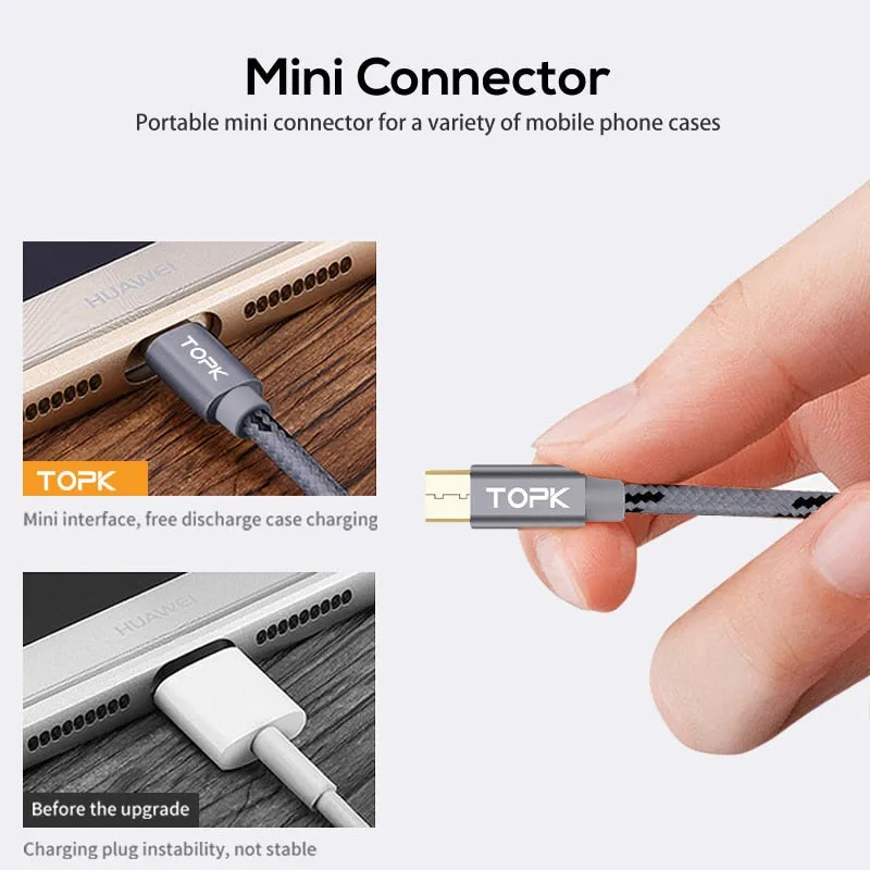 TOPK Micro USB Cable 2.4A Fast Data Sync Charging Cable For Samsung Huawei Xiaomi LG Andriod Microusb Mobile Phone Cables