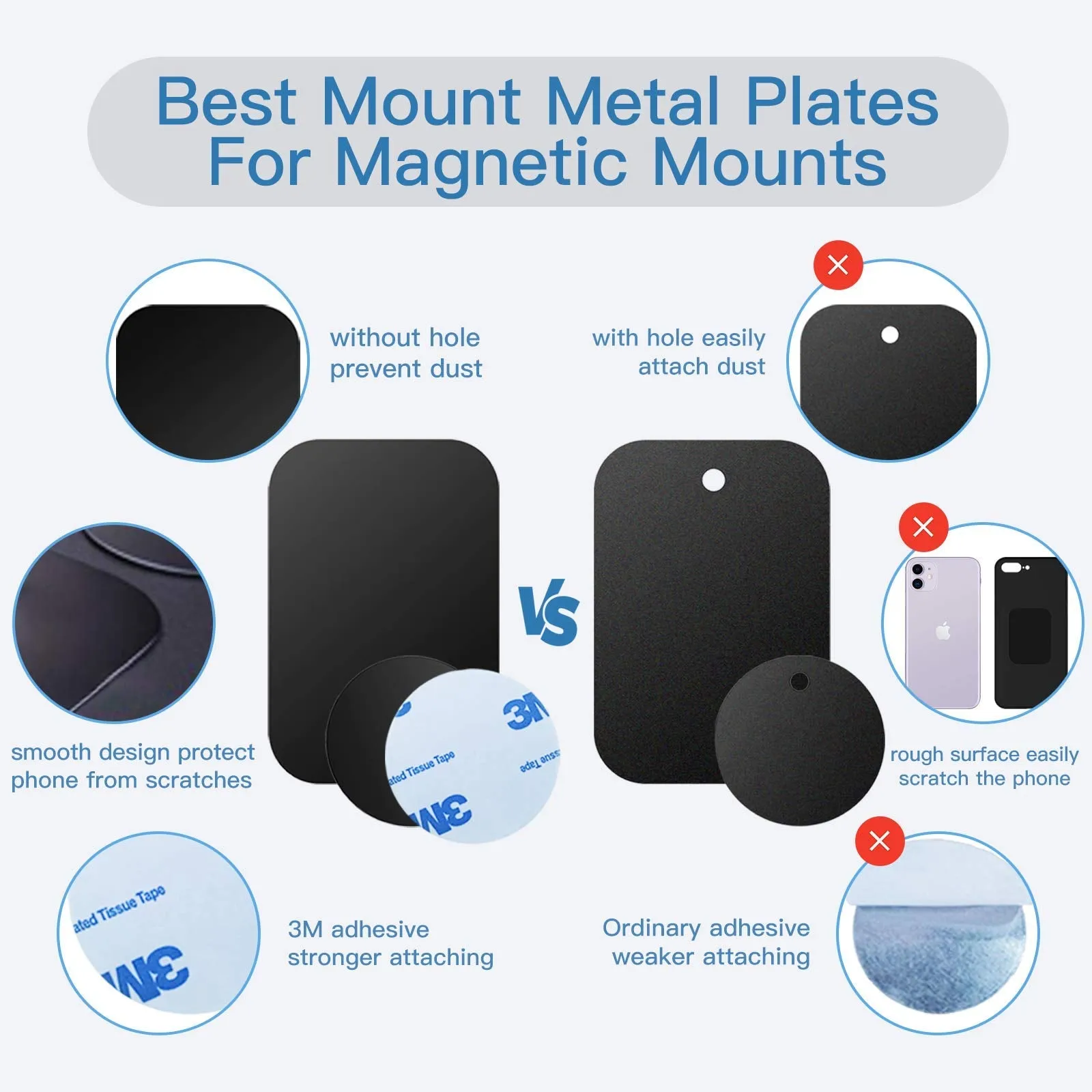 Universal Mount Metal Plate for Cell Phone Magnet Car Mount Holder (3 Round 3 Rectangle)