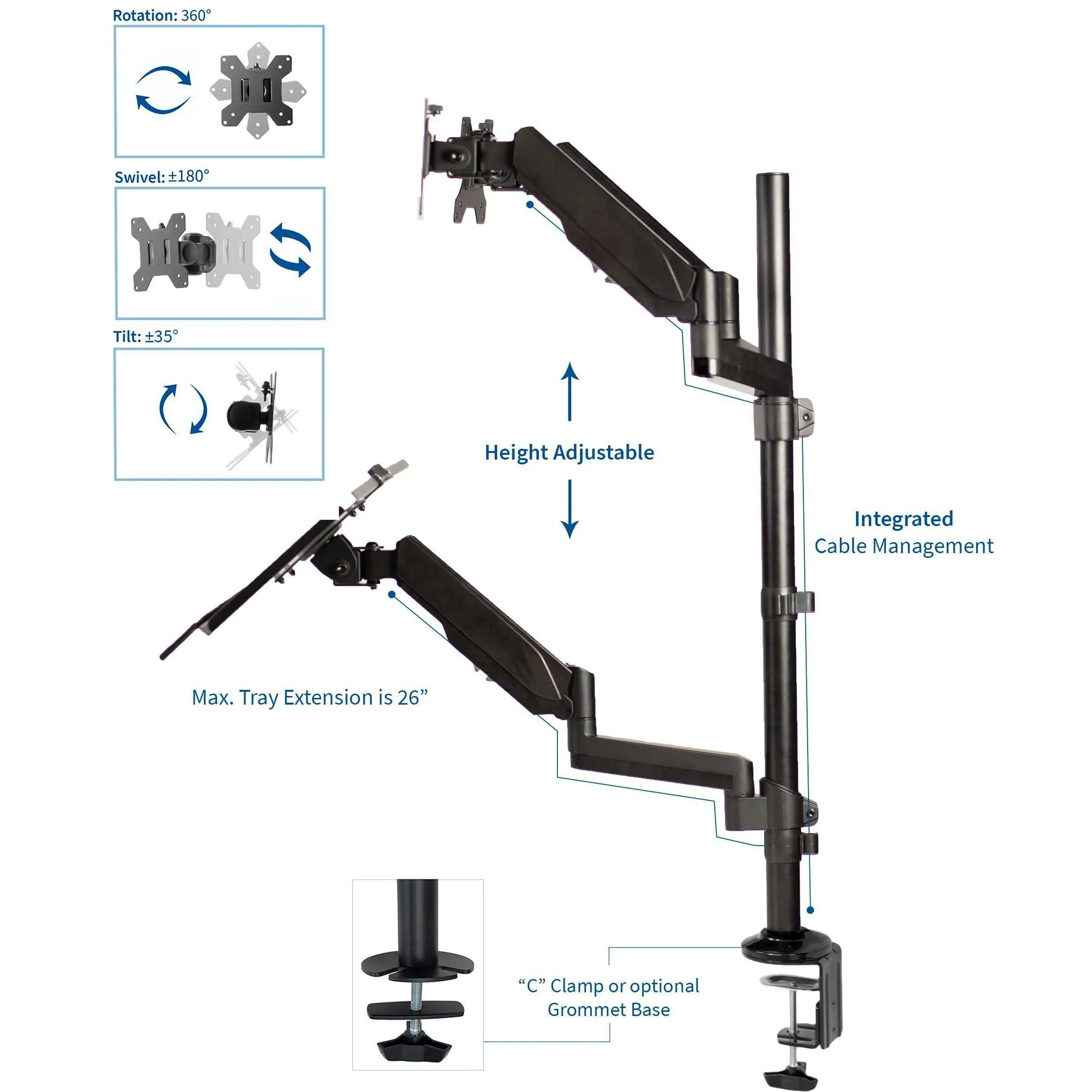 VIVO Black Sit-to-Stand Dual Monitor Desk Mount Workstation for Screens up to 32", STAND-SIT2B